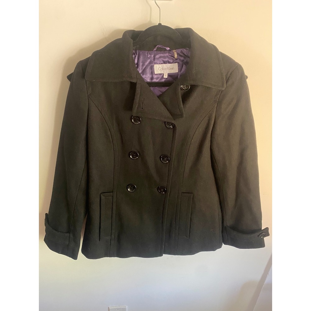 Calvin Klein Womens Black Wool Blend Peacoat Removable Hood Size 12